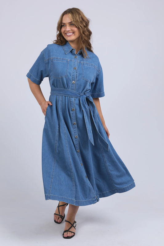 ELM RIVER DENIM DRESS - MID BLUE WASH - THE VOGUE STORE