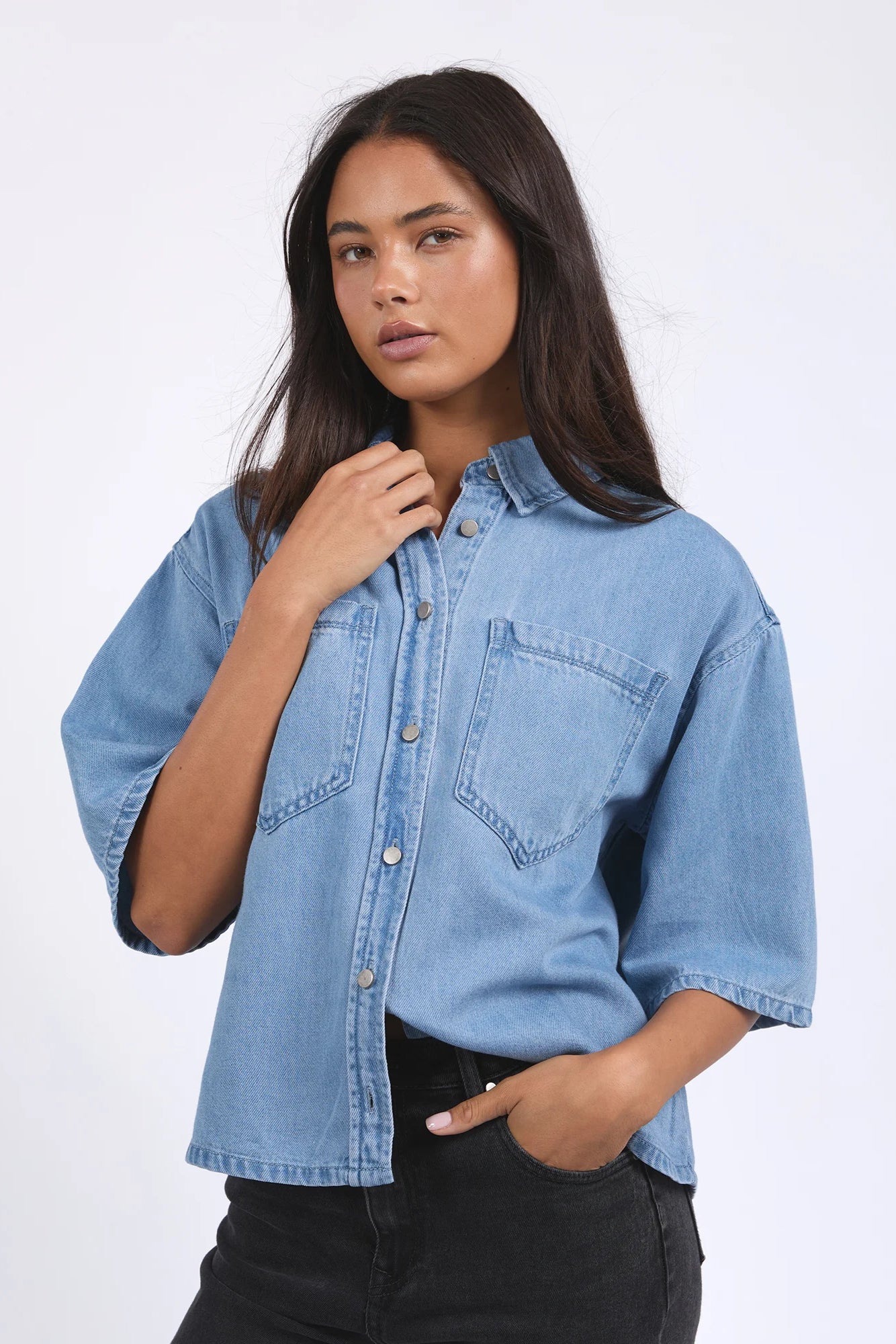 FOXWOOD HUTTON DENIM SHIRT - LIGHT BLUE - THE VOGUE STORE