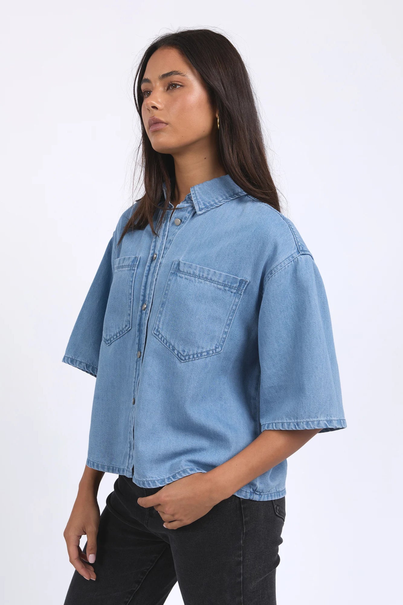 FOXWOOD HUTTON DENIM SHIRT - LIGHT BLUE - THE VOGUE STORE