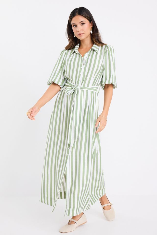 BY ROSA KINDRED PUFF SLEEVE MIDI SHIRT DRESS - MOSS STRIPE - THE VOGUE STORE
