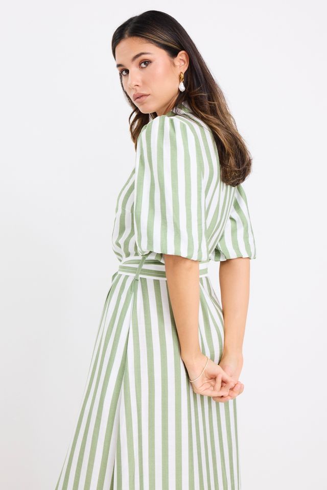 BY ROSA KINDRED PUFF SLEEVE MIDI SHIRT DRESS - MOSS STRIPE - THE VOGUE STORE
