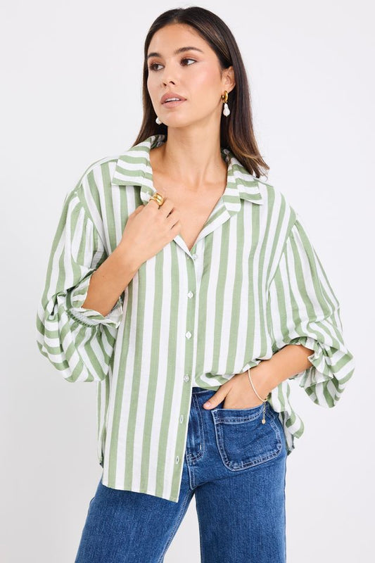 BY ROSA CONNECTION DROP SHOULDER LS SHIRT - MOSS STRIPE - THE VOGUE STORE