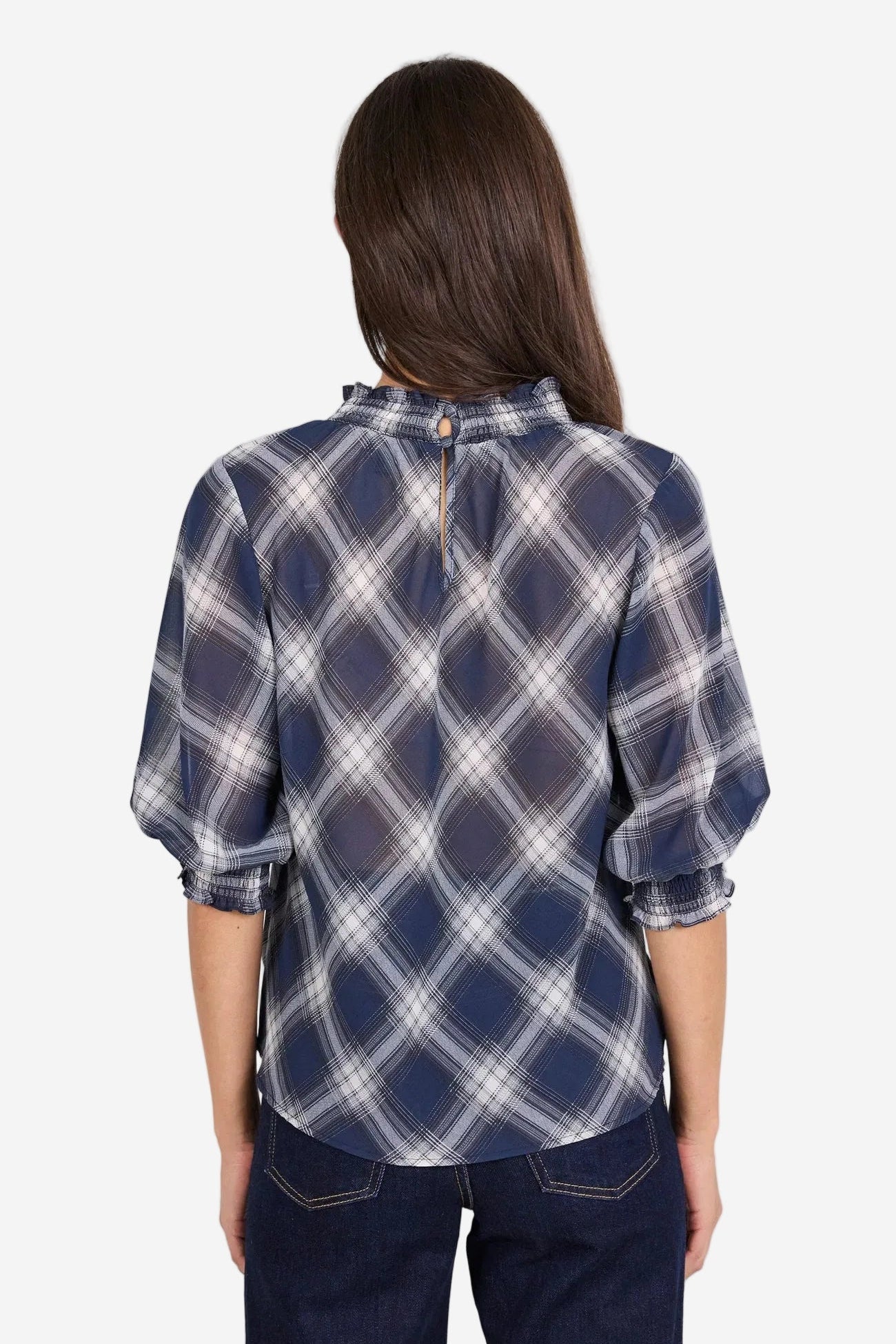 IVY + JACK AFFIRMING NAVY CHECK CHIFFON HIGH NECK SS TOP - THE VOGUE STORE