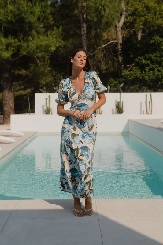 AMONG THE BRAVE AMORA BLUE VINTAGE FLORAL SS BIAS MIDI DRESS - THE VOGUE STORE