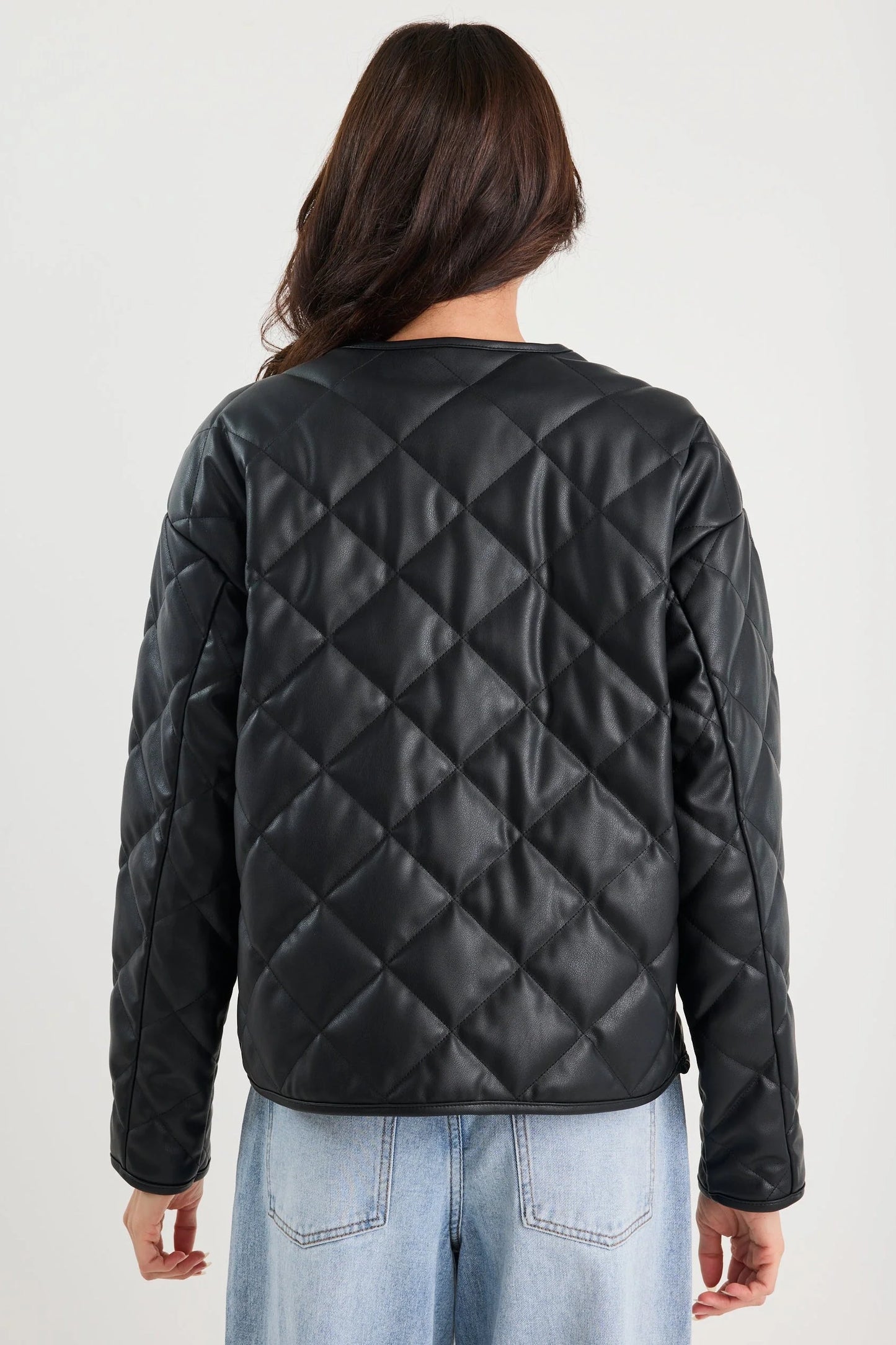 STORIES BE TOLD APEX BLACK PU LEATHER COLLARLESS QUILTED PUFFER JACKET - THE VOGUE STORE