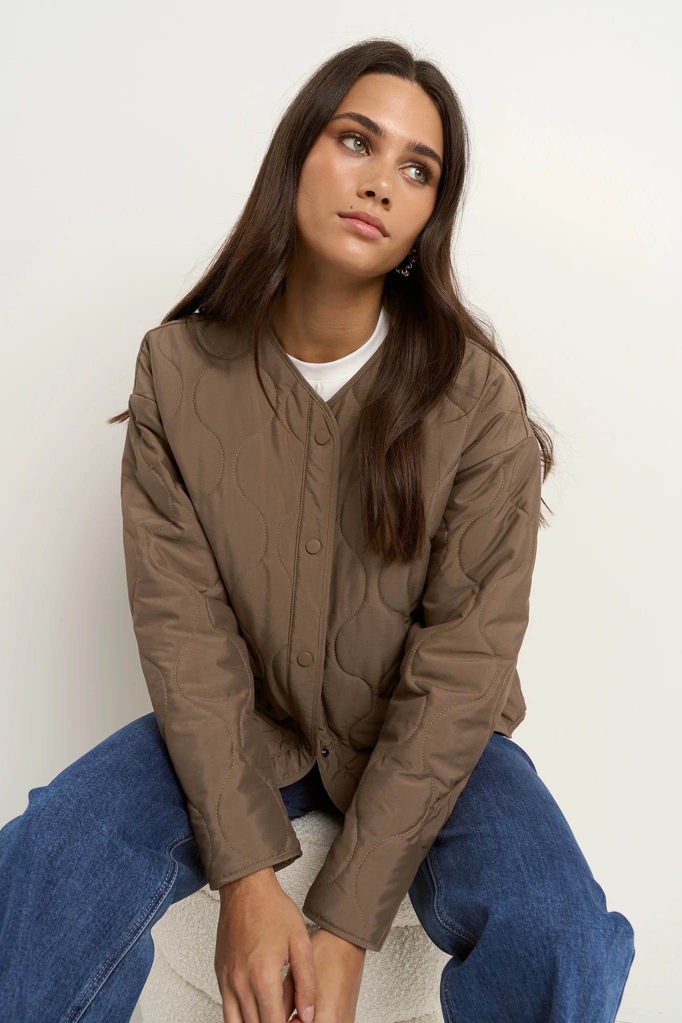 STORIES BE TOLD APEX MOCHA COLLARLESS PUFFER JACKET - THE VOGUE STORE