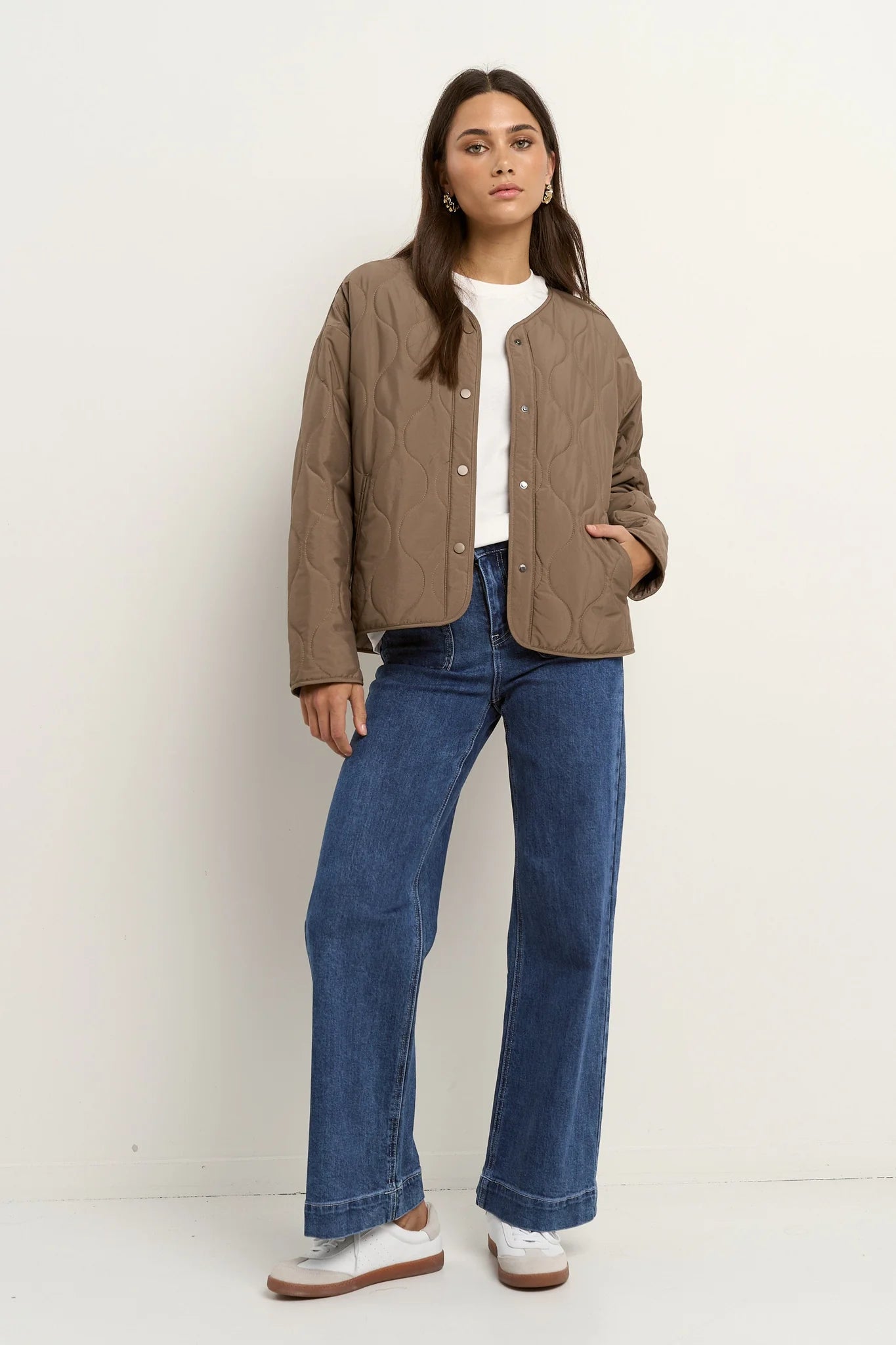 STORIES BE TOLD APEX MOCHA COLLARLESS PUFFER JACKET - THE VOGUE STORE