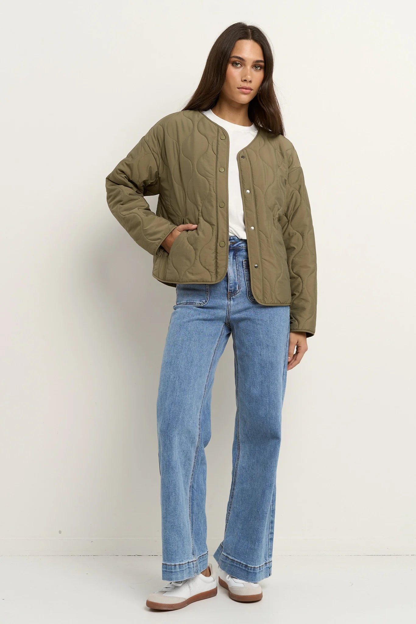 STORIES BE TOLD APEX OLIVE COLLARLESS PUFFER JACKET - OLIVE - THE VOGUE STORE