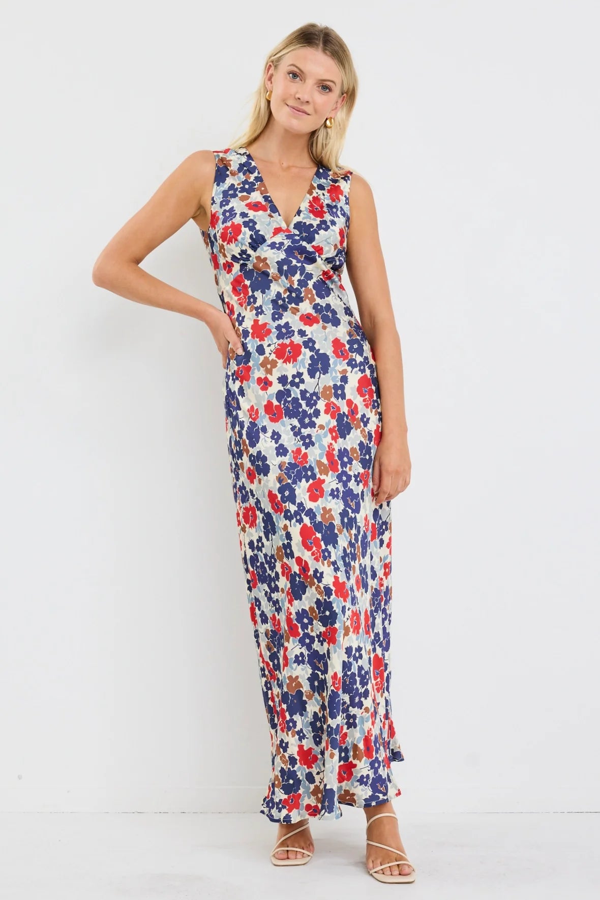 TORIES BE TOLD ASTON BLUE RED POPPY SATIN BIAS FLARED MAXI DRESS - THE VOGUE STORE