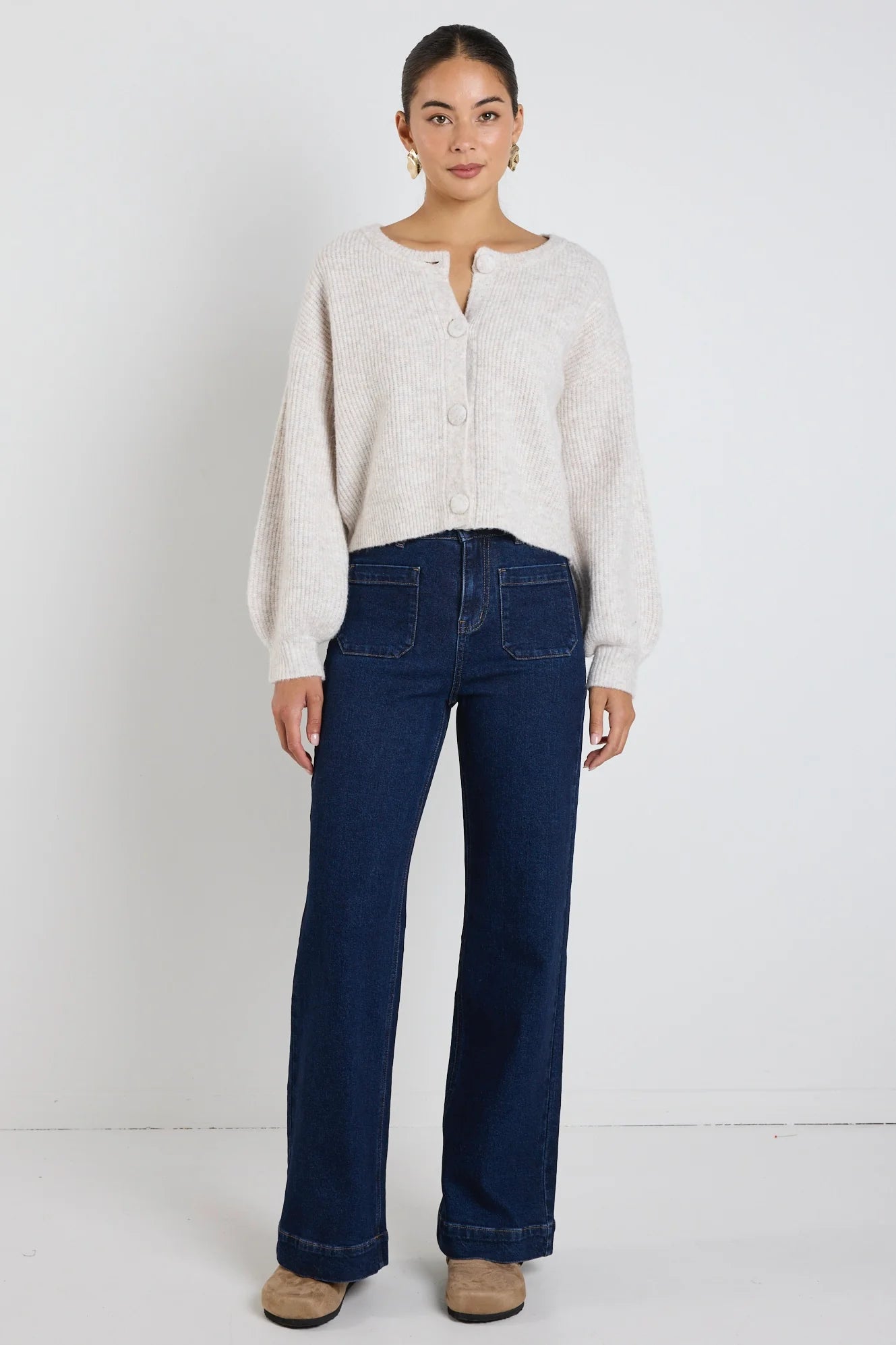 AMONG THE BRAVE AUTHENTIC OAT MARLE CHUNKY KNIT CREWNECK CARDIGAN - THE VOGUE STORE