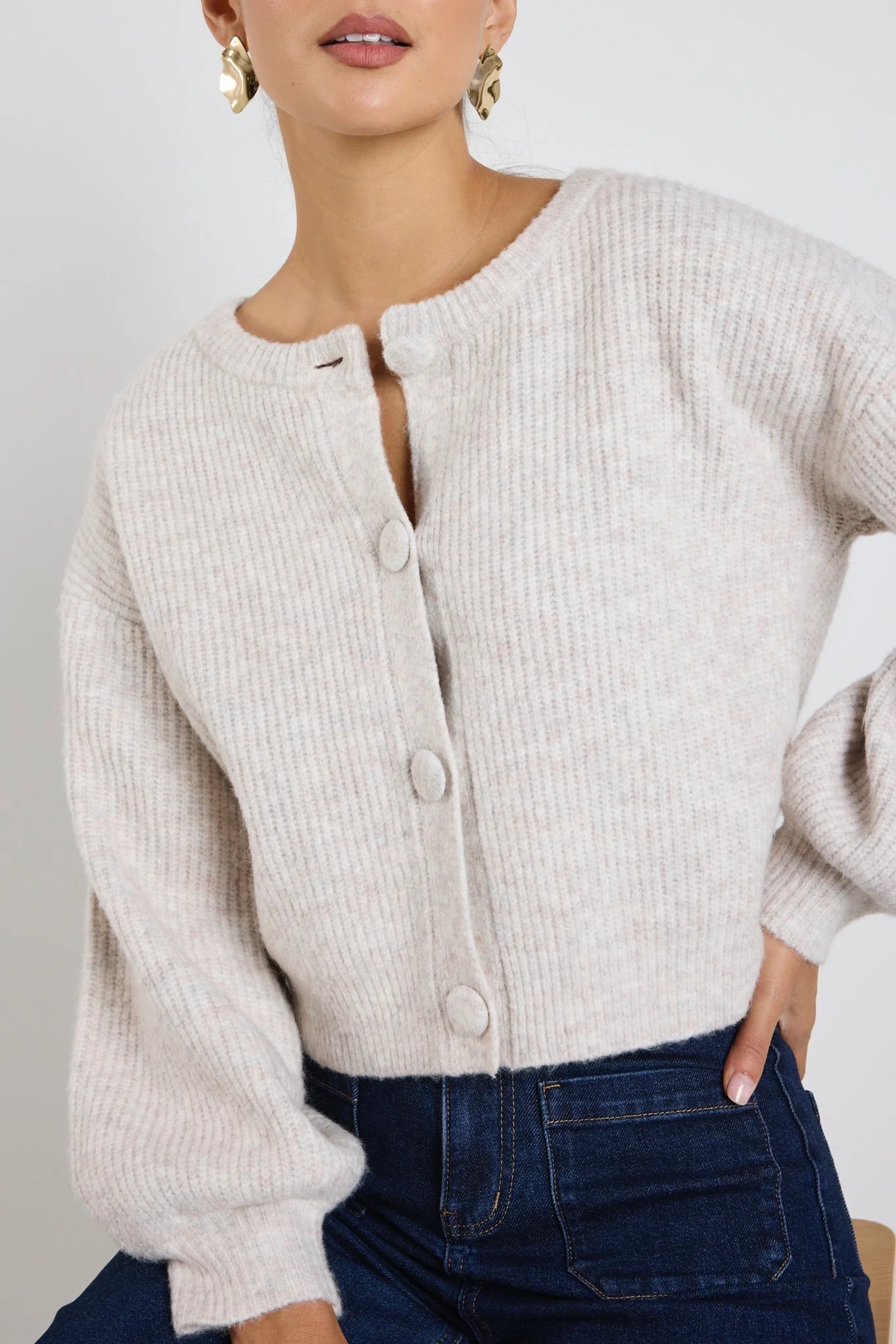 AMONG THE BRAVE AUTHENTIC OAT MARLE CHUNKY KNIT CREWNECK CARDIGAN - THE VOGUE STORE