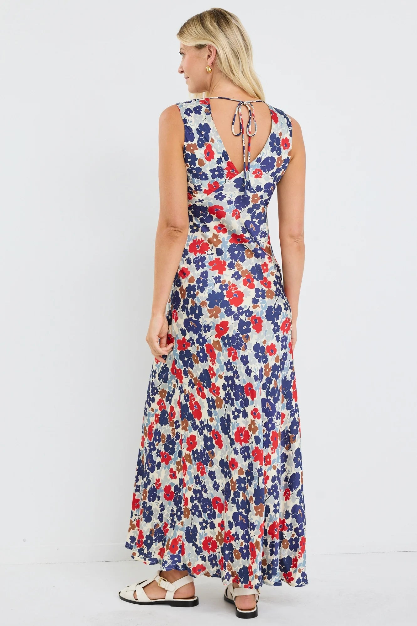 TORIES BE TOLD ASTON BLUE RED POPPY SATIN BIAS FLARED MAXI DRESS - THE VOGUE STORE