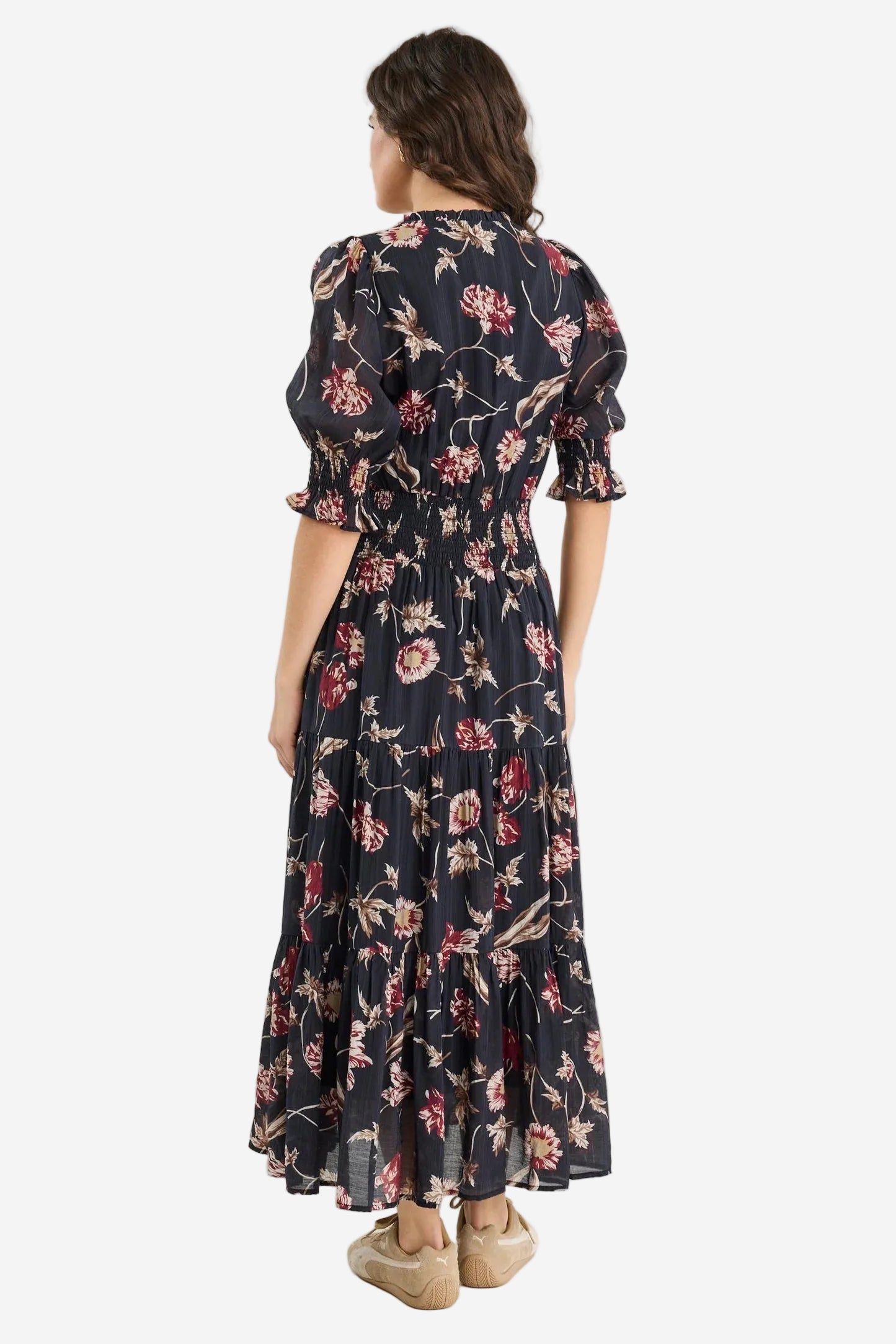 IVY + JACK CHARMANT BLACK WILDFLOWERS SS V NECK TIERED MIDI DRESS - THE VOGUE STORE