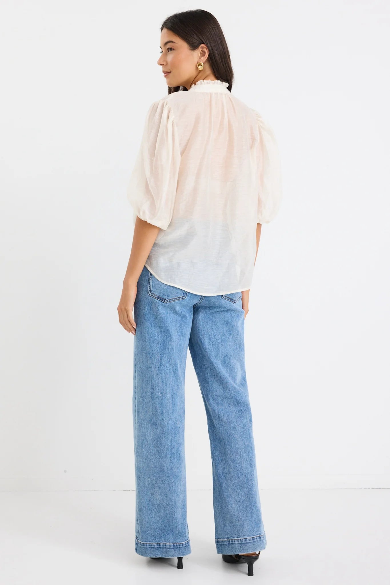 IVY + JACK CLOSURE IVORY SHEER HIGH NECK BUTTONED SS TOP - THE VOGUE STORE