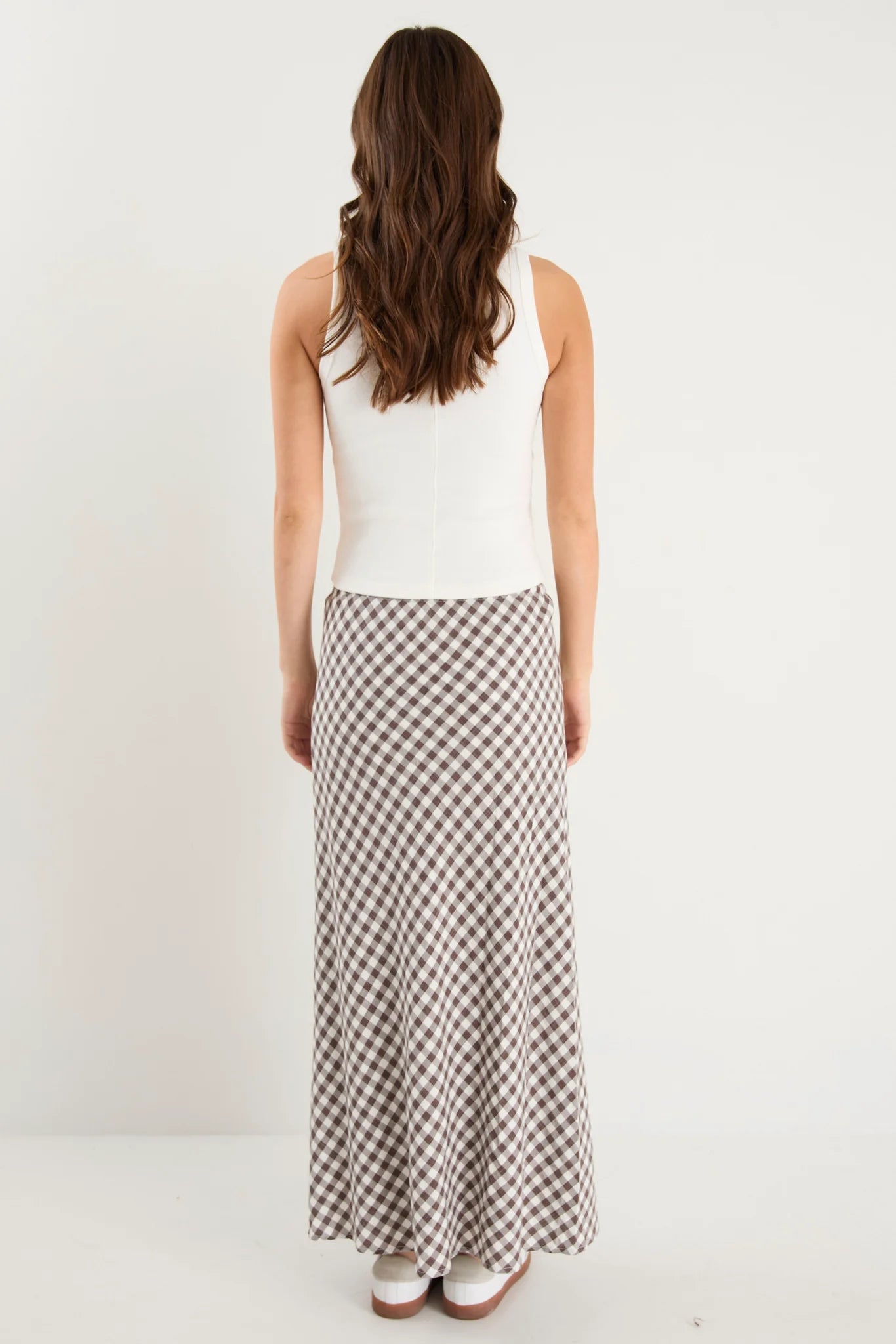 AMONG THE BRAVE SUMMIT CHOCOLATE GINGHAM COTTON BLEND TIE WAIST BIAS MAXI SKIRT - THE VOGUE STORE