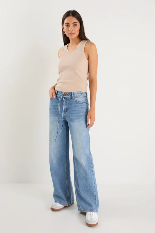 STORIES BE TOLD COLLEGE LIGHT BLUE WIDE LEG TIE BELT JEAN - LIGHT BLUE - THE VOGUE STORE