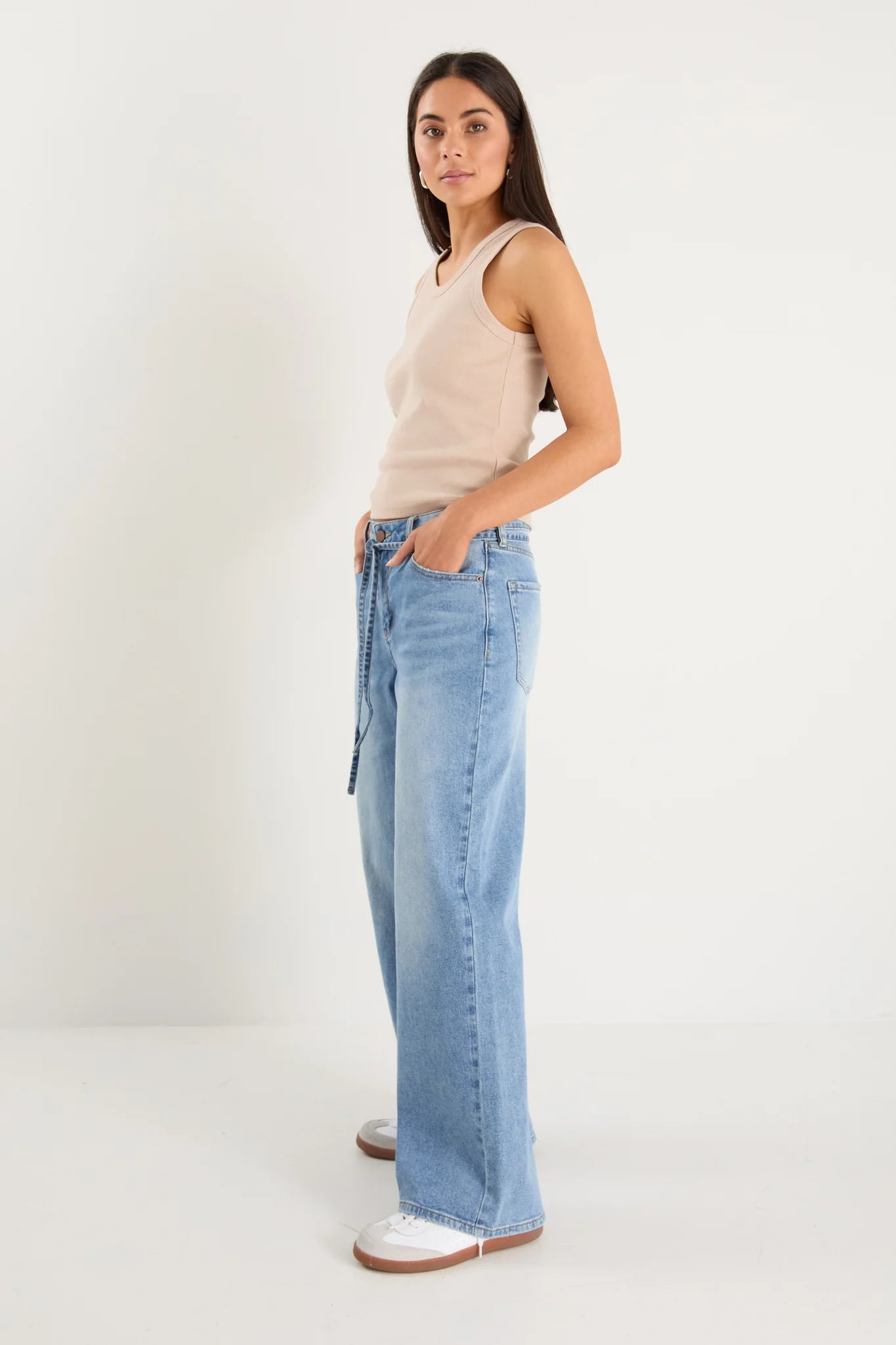 STORIES BE TOLD COLLEGE LIGHT BLUE WIDE LEG TIE BELT JEAN - LIGHT BLUE - THE VOGUE STORE