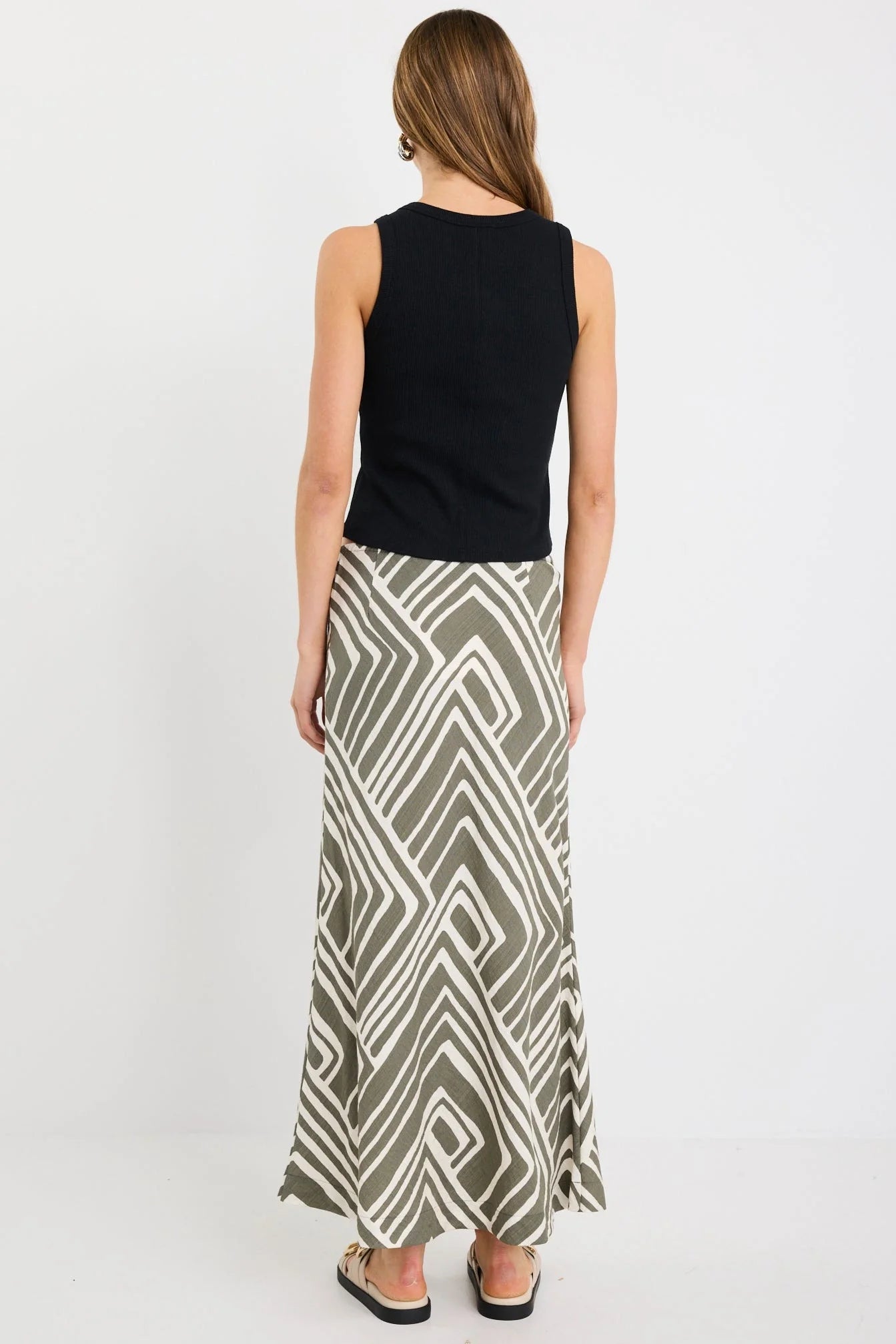 STORIES TO BE TOLD DEPARTURE KHAKI MAZE PRINT TIE WAIST BIAS MAXI SKIRT - THE VOGUE STORE