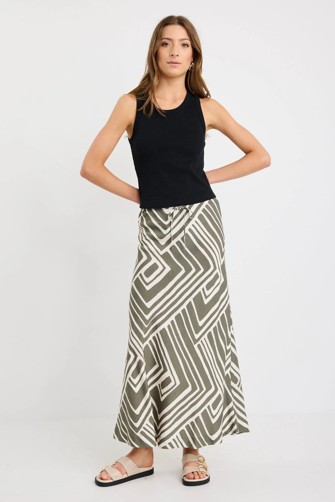 STORIES TO BE TOLD DEPARTURE KHAKI MAZE PRINT TIE WAIST BIAS MAXI SKIRT - THE VOGUE STORE