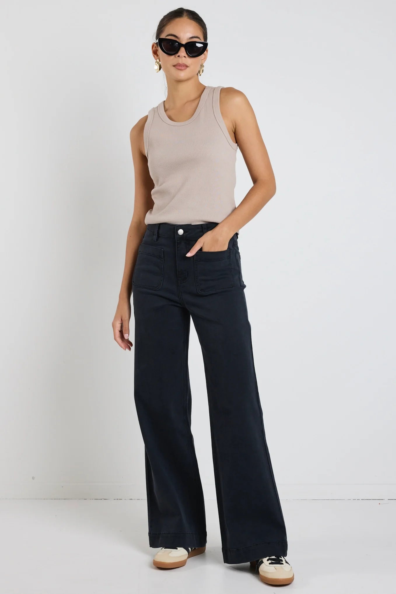 AMONG THE BRAVE ZOEY BLACK DENIM HIGH RISE WIDE LEG POCKET JEAN - THE VOGUE STORE