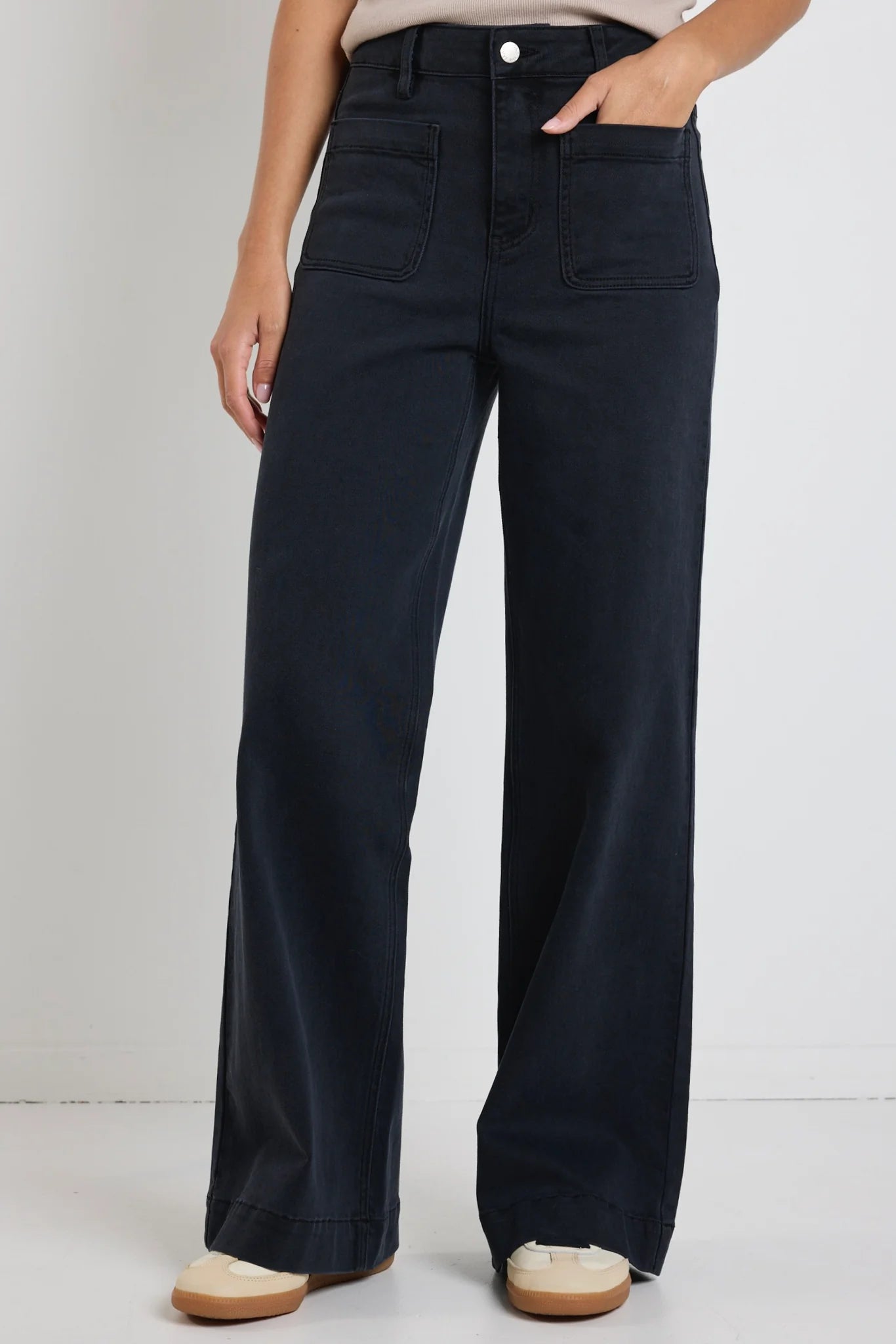 AMONG THE BRAVE ZOEY BLACK DENIM HIGH RISE WIDE LEG POCKET JEAN - THE VOGUE STORE