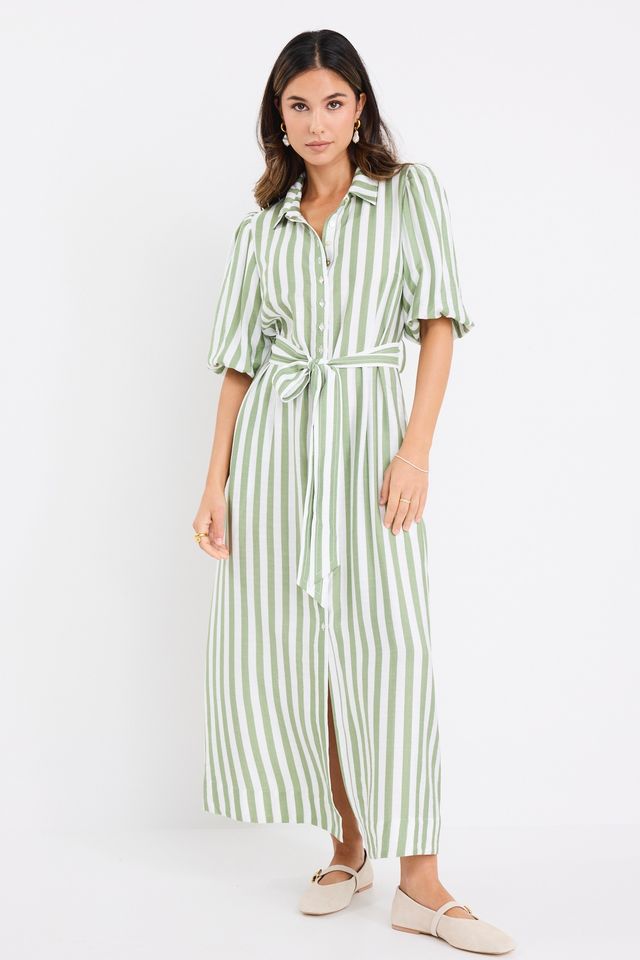 BY ROSA KINDRED PUFF SLEEVE MIDI SHIRT DRESS - MOSS STRIPE - THE VOGUE STORE