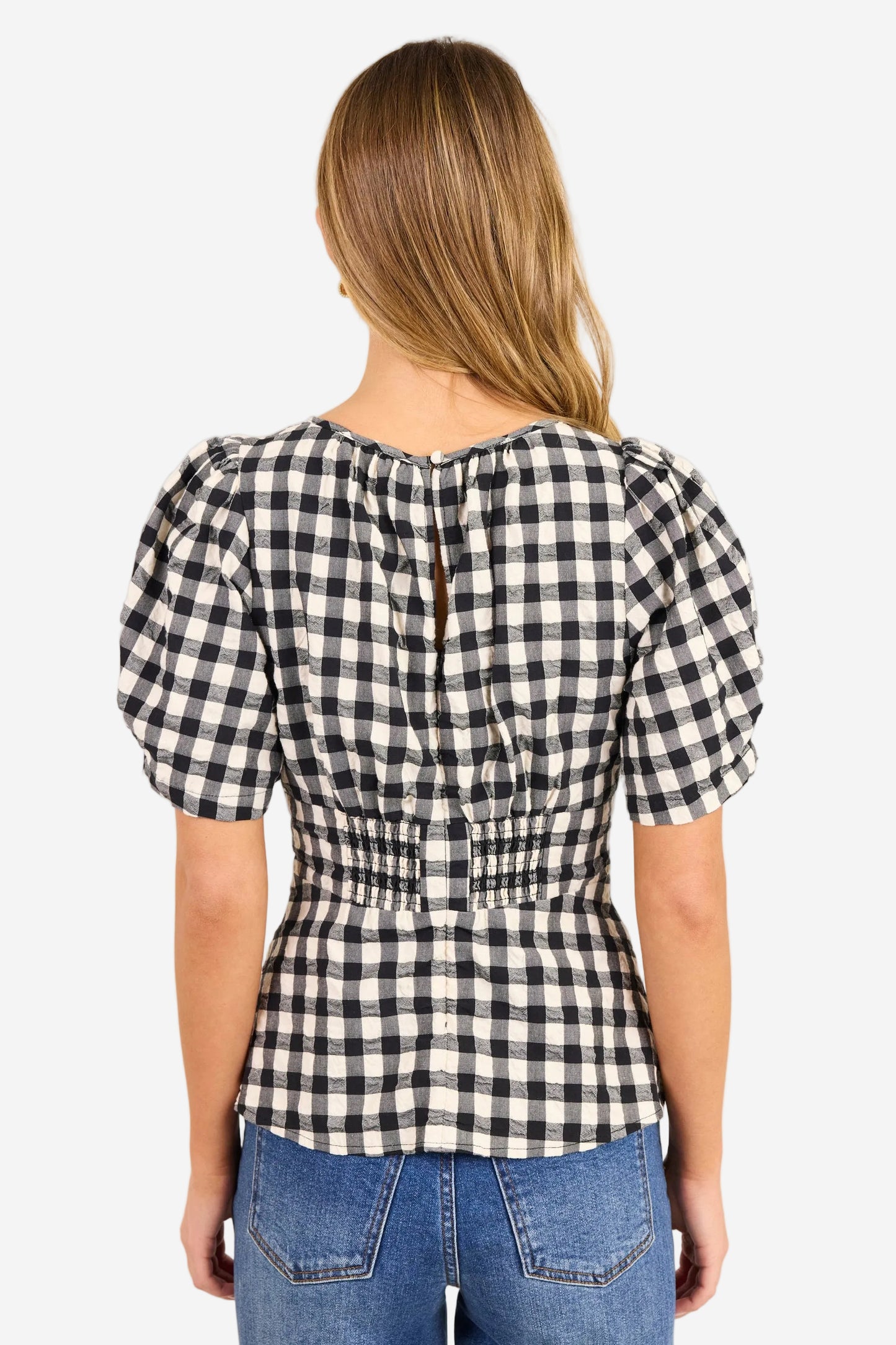 STORIES BE TOLD DETERMINE BLACK IVORY GINGHAM PLEATED PANEL SS TOP - THE VOGUE STORE