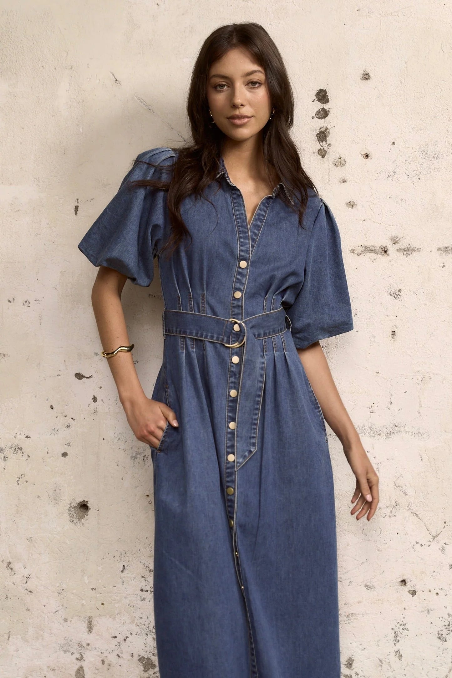 AMONG THE BRAVE DUSK STORM PUFF SLEEVE MAXI SHIRT DRESS - THE VOGUE STORE