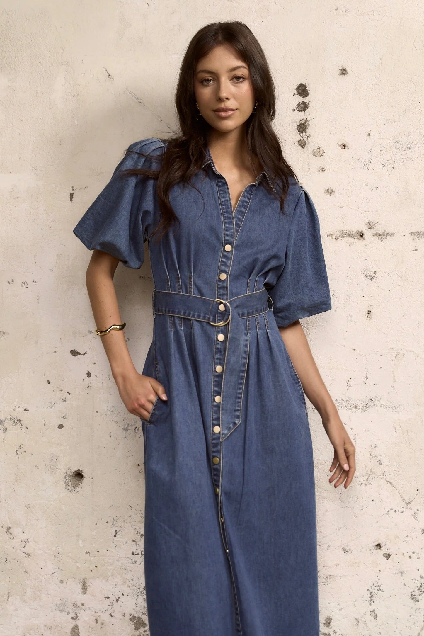 AMONG THE BRAVE DUSK STORM PUFF SLEEVE MAXI SHIRT DRESS - THE VOGUE STORE