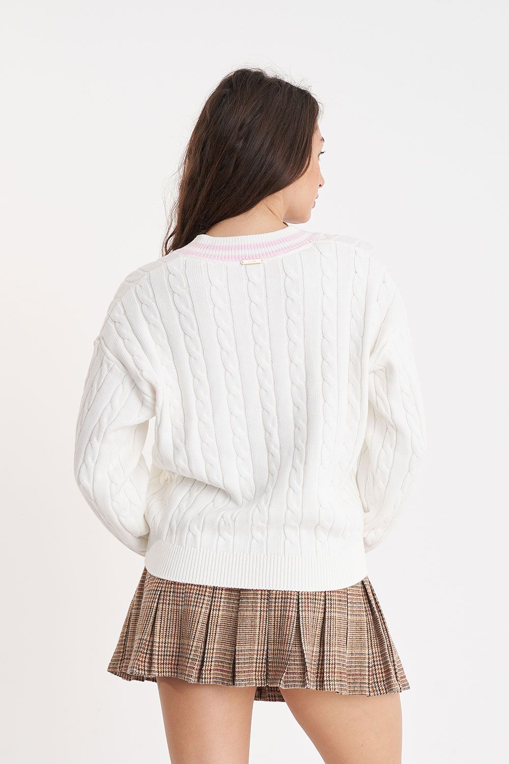 HUFFER V-NECK CABLE KNIT SWEATER - CHALK - THE VOGUE STORE