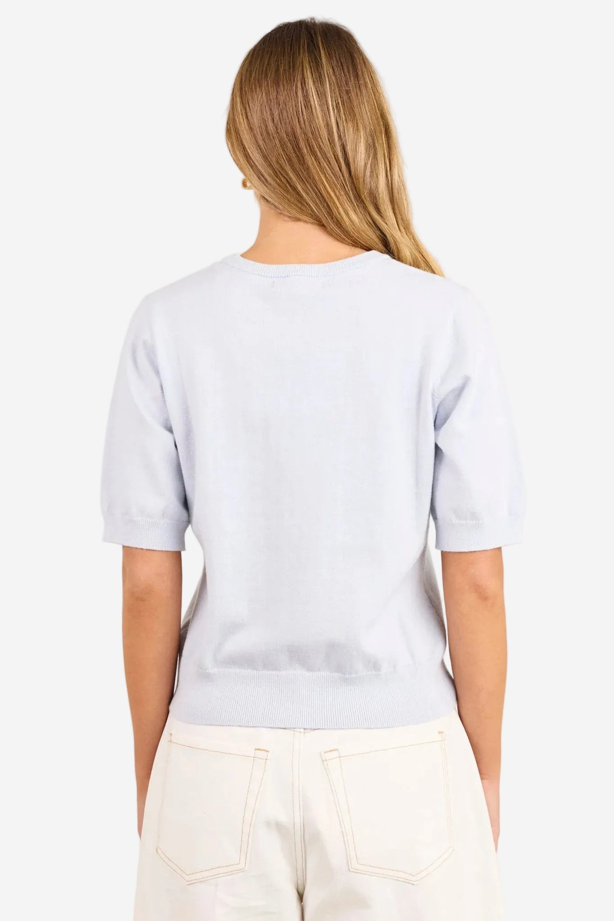 STORIES BE TOLD EDITION ICE BLUE CREWNECK CASHMERE BLEND KNIT TEE - THE VOGUE STORE