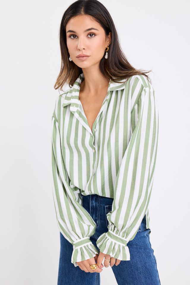 BY ROSA CONNECTION DROP SHOULDER LS SHIRT - MOSS STRIPE - THE VOGUE STORE