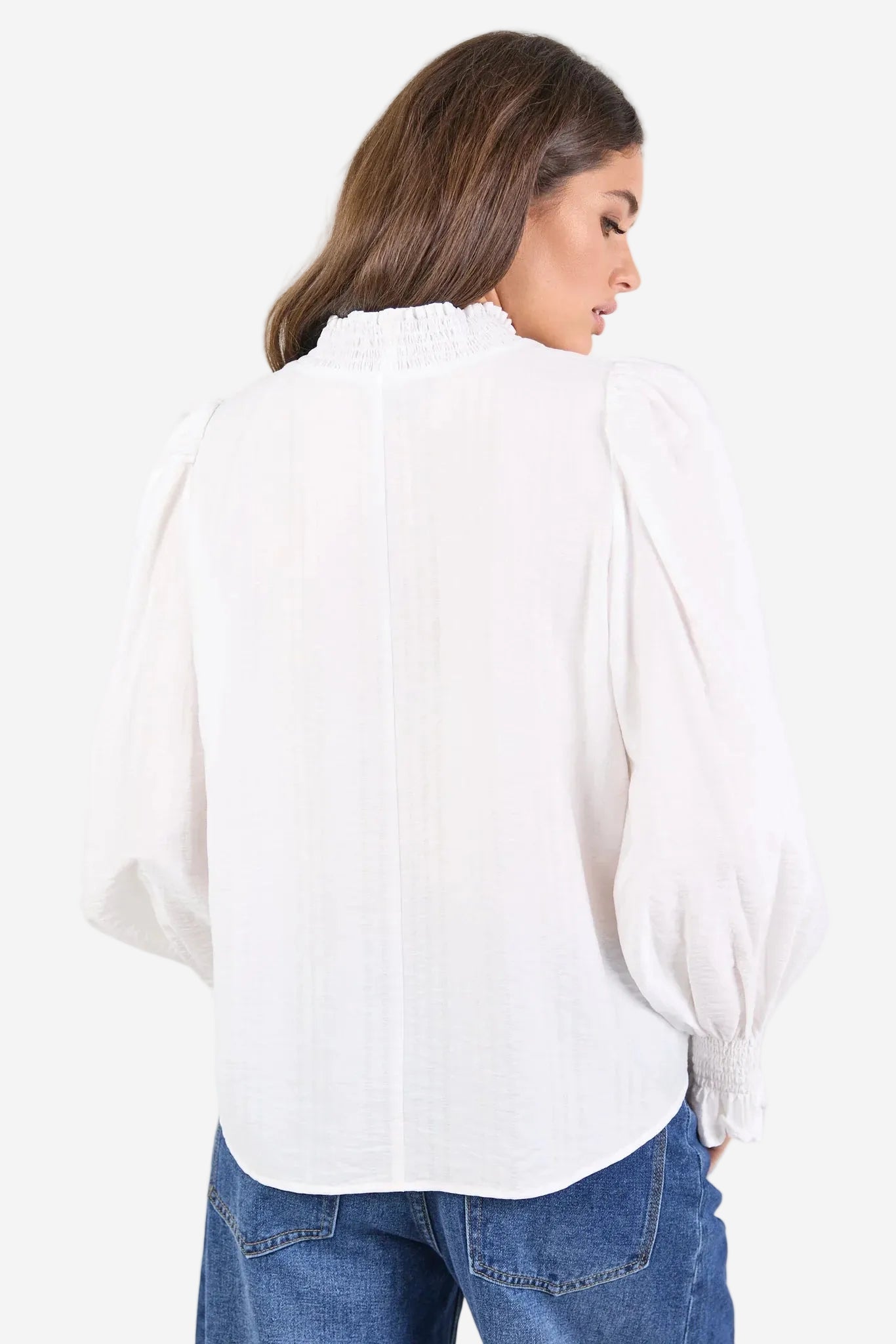 AMONG THE BRAVE EMBRACE IVORY SELF STRIPE SHIRRED NECK LS TOP - THE VOGUE STORE