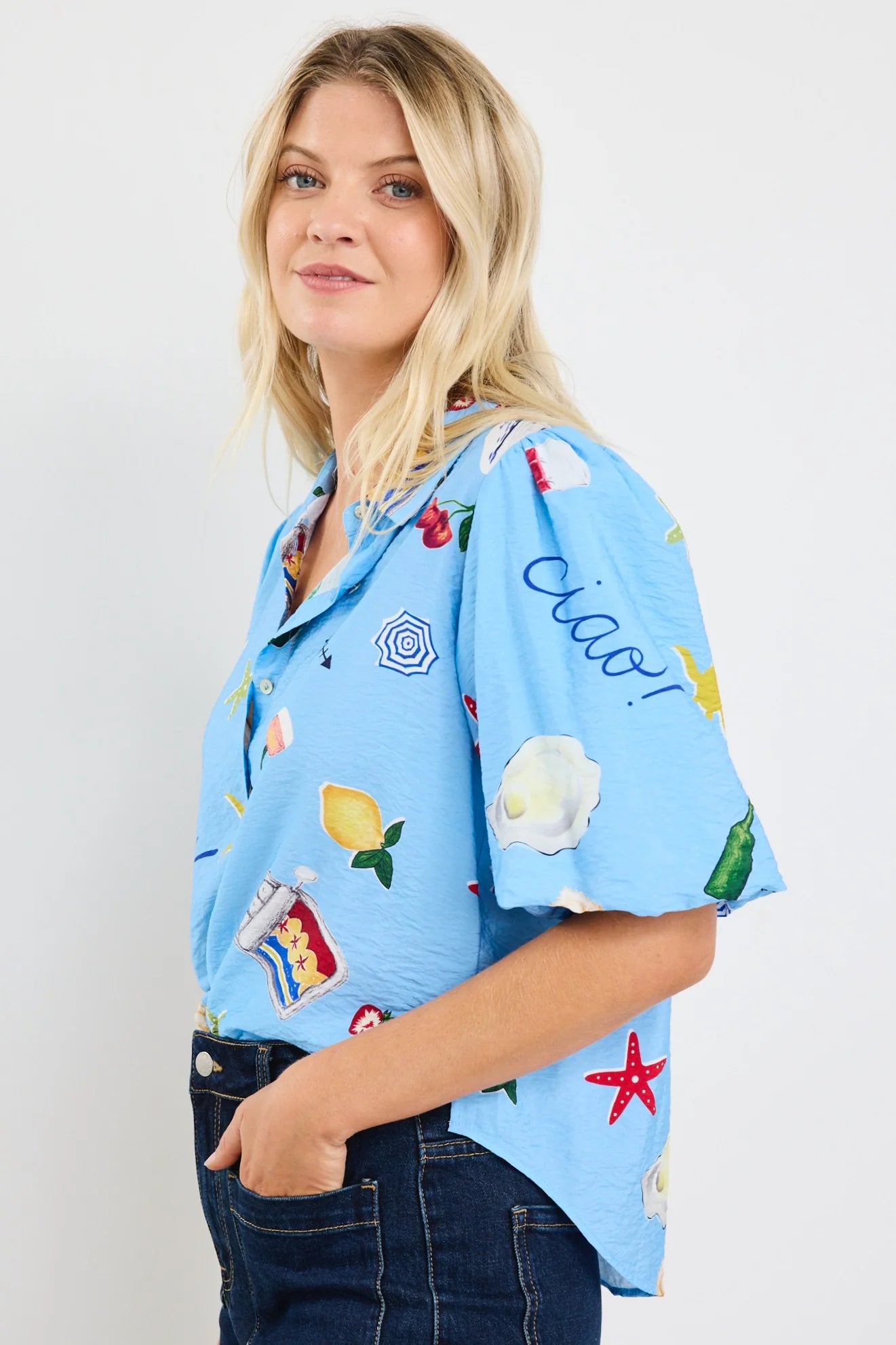 AMONG THE BRAVE EXEMPTION BLUE HOLIDAY TIE FRONT SS SHIRT - THE VOGUE STORE