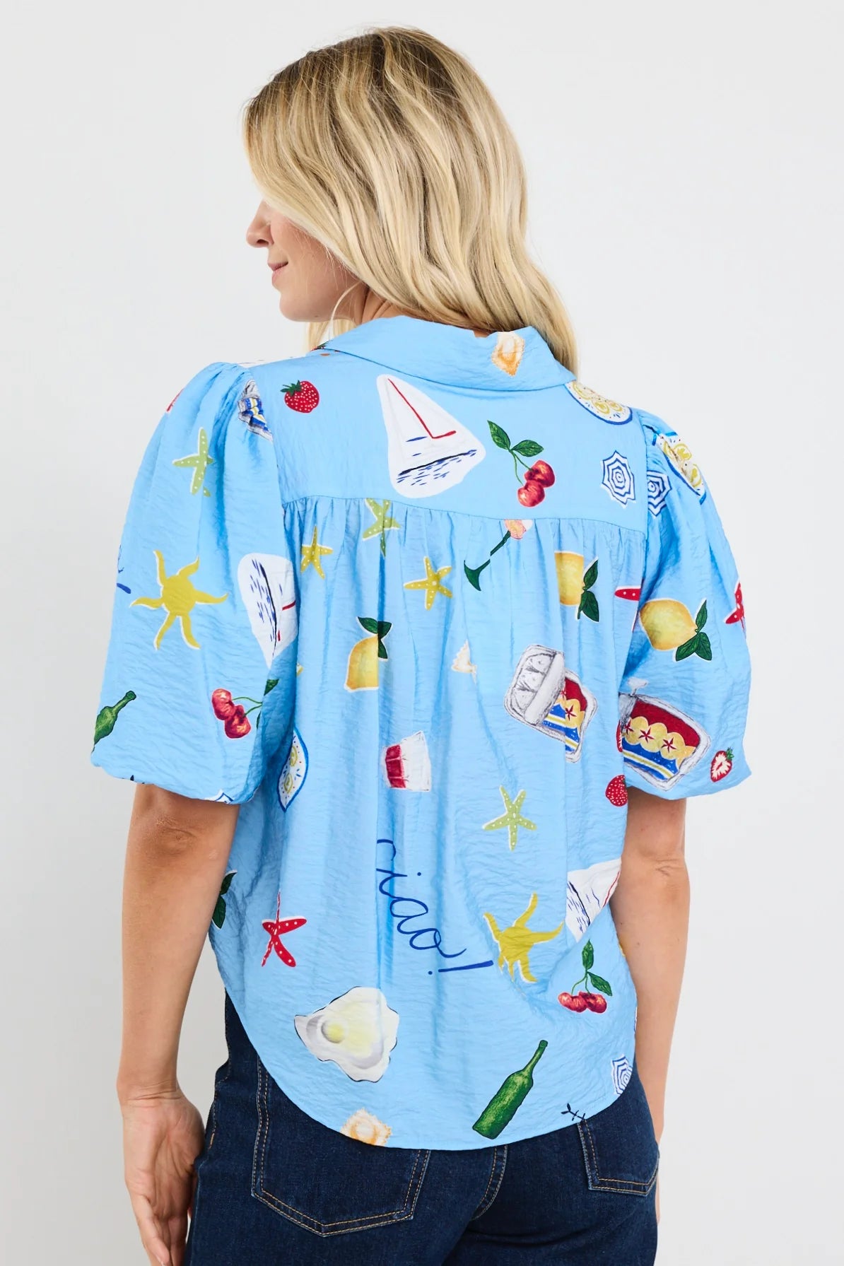 AMONG THE BRAVE EXEMPTION BLUE HOLIDAY TIE FRONT SS SHIRT - THE VOGUE STORE