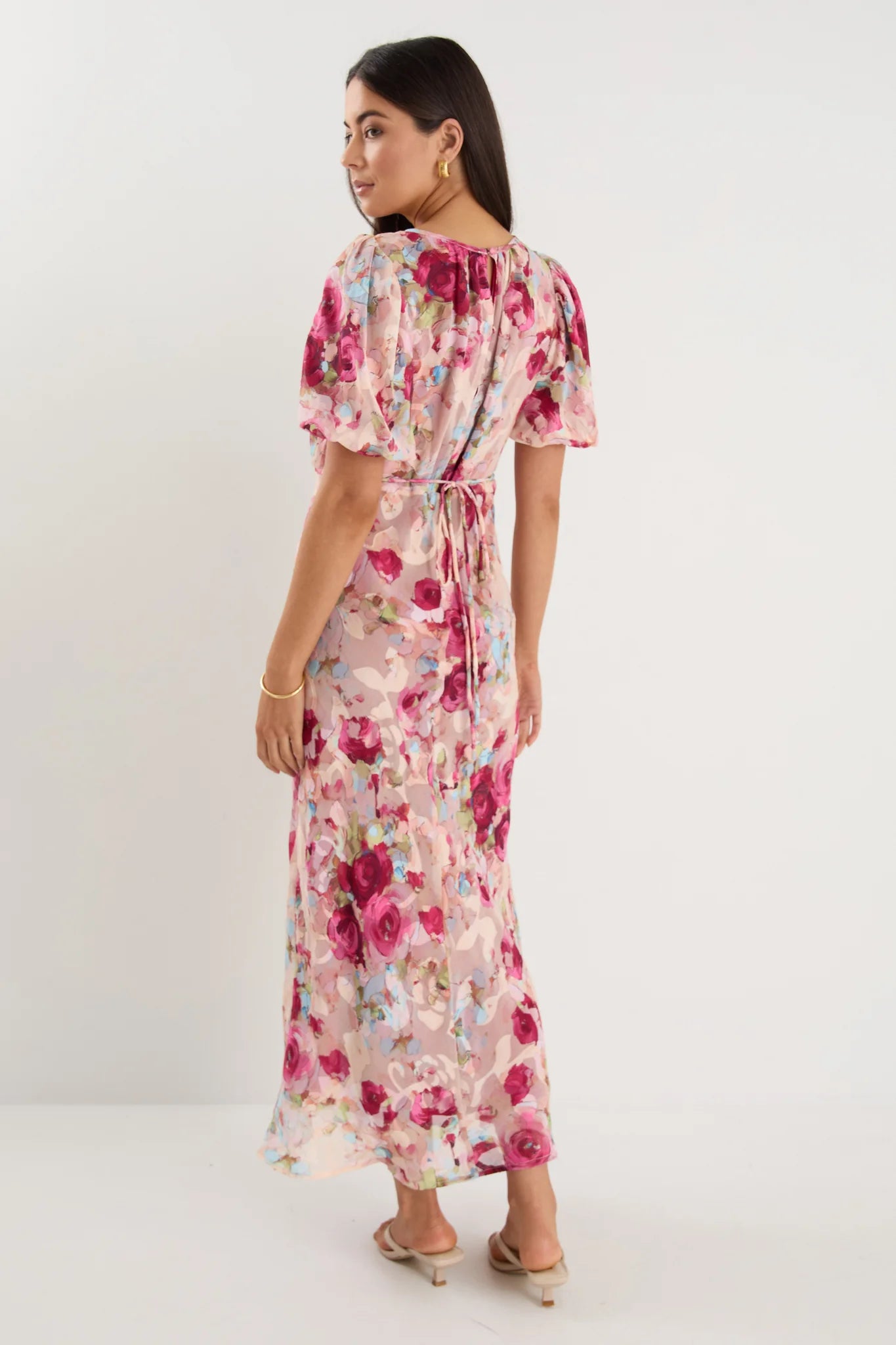 GEORGIA MAE EXQUISITE PAINTED ROSE PUFF SLEEVE MIDI DRESS - THE VOGUE STORE