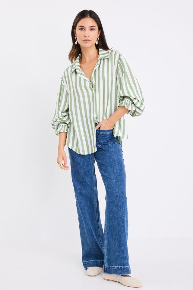 BY ROSA CONNECTION DROP SHOULDER LS SHIRT - MOSS STRIPE - THE VOGUE STORE