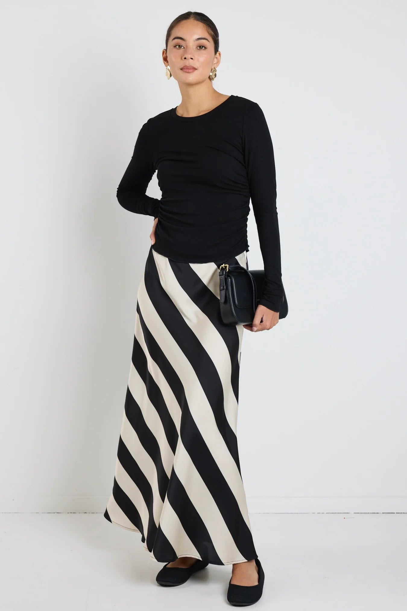 AMONG THE BRAVE FIERY BLACK SAND STRIPE SATIN BIAS MAXI SKIRT - THE VOGUE STORE