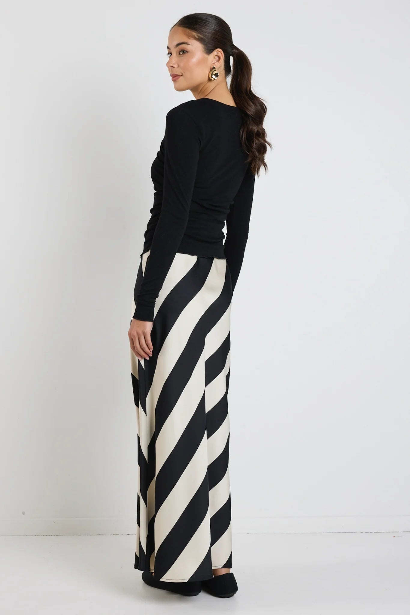 AMONG THE BRAVE FIERY BLACK SAND STRIPE SATIN BIAS MAXI SKIRT - THE VOGUE STORE