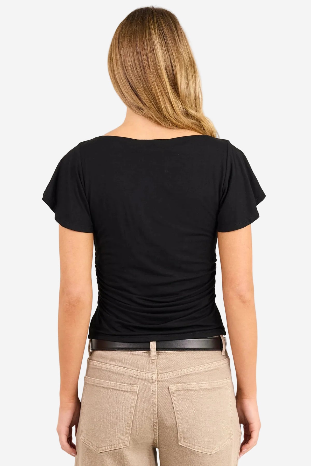 STORIES BE TOLD BLACK FLITTER GATHERED WAIST DETAIL SHORT SLEEVE TOP - THE VOGUE STORE