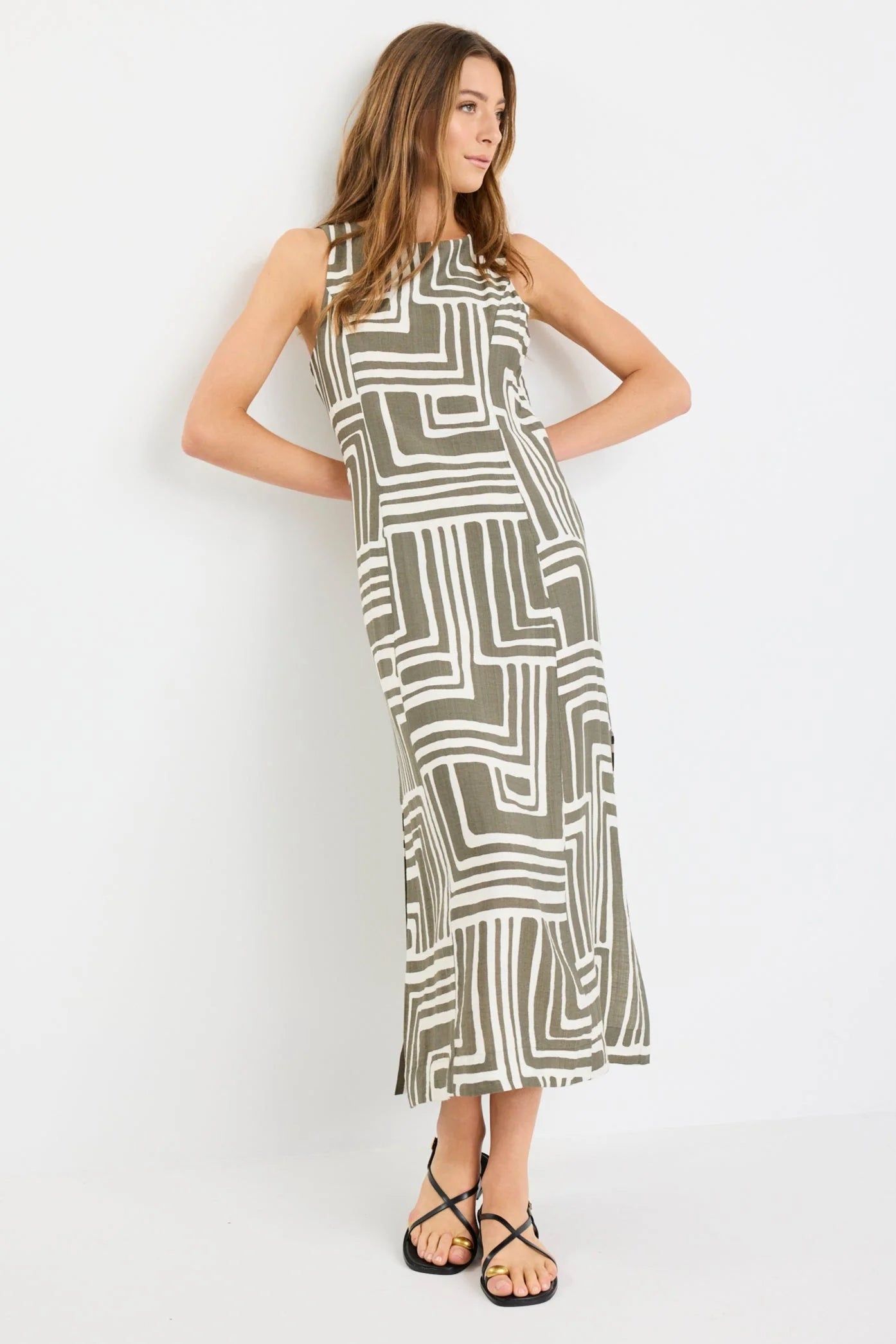 STORIES BE TOLD FUTURE KHAKI MAZE PRINT SLEEVELESS MIDI DRESS - THE VOGUE STORE