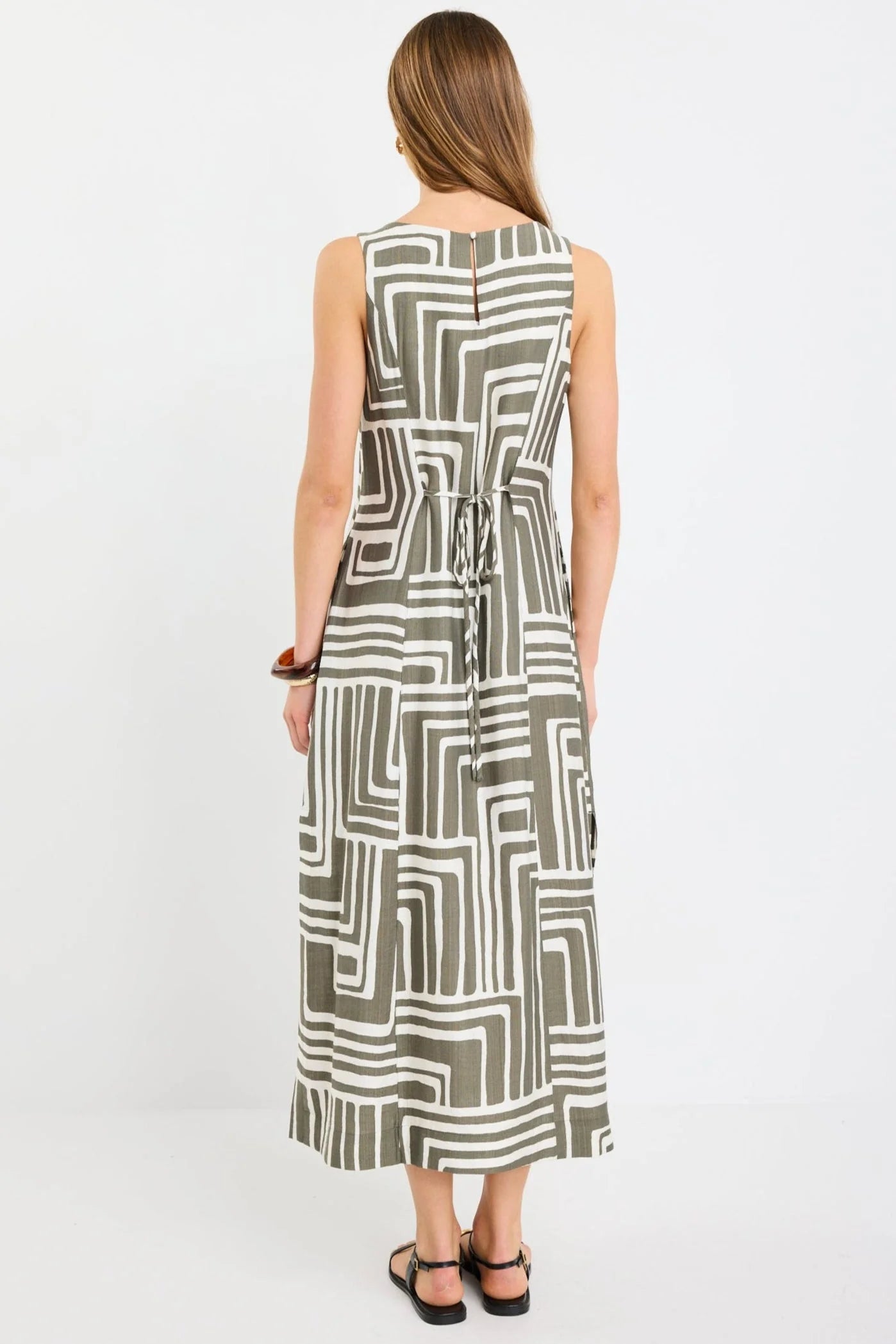 STORIES BE TOLD FUTURE KHAKI MAZE PRINT SLEEVELESS MIDI DRESS - THE VOGUE STORE
