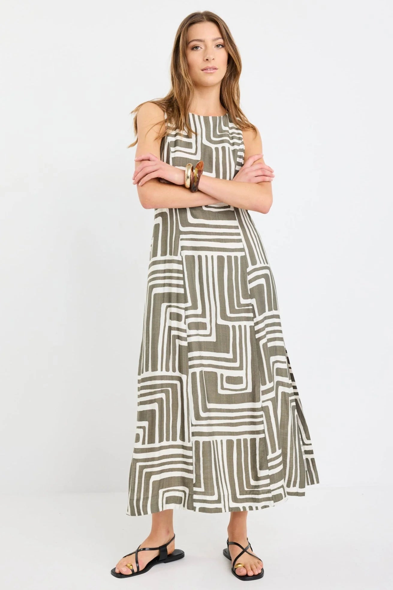 STORIES BE TOLD FUTURE KHAKI MAZE PRINT SLEEVELESS MIDI DRESS - THE VOGUE STORE