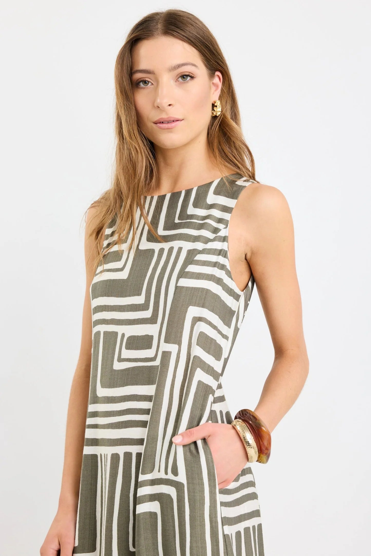 STORIES BE TOLD FUTURE KHAKI MAZE PRINT SLEEVELESS MIDI DRESS - THE VOGUE STORE