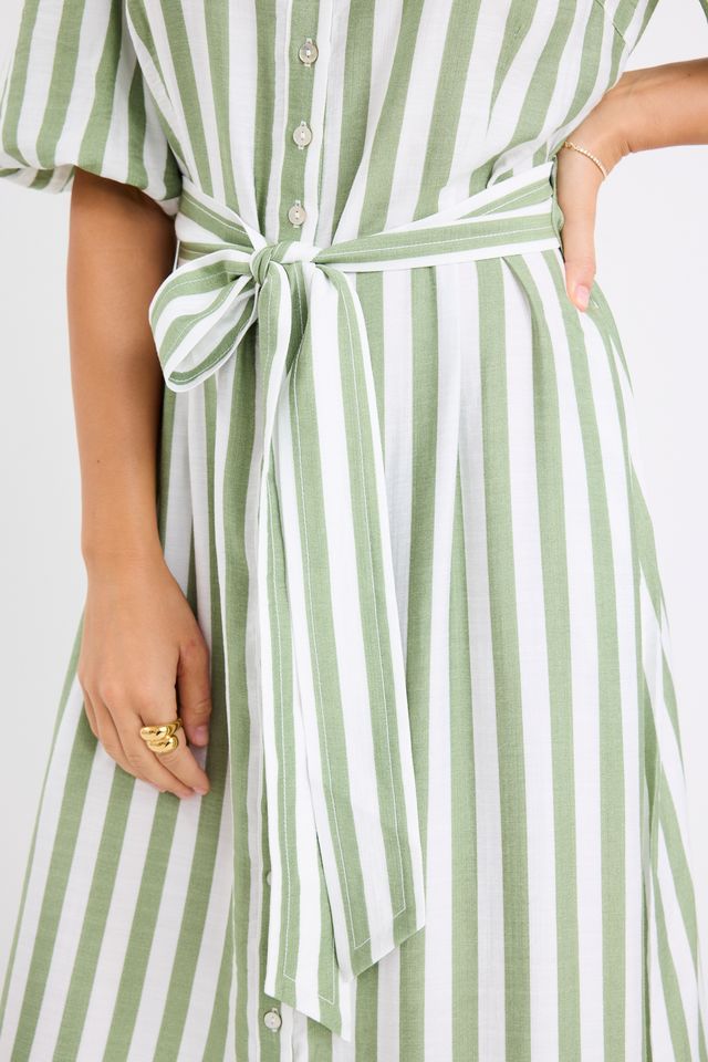 BY ROSA KINDRED PUFF SLEEVE MIDI SHIRT DRESS - MOSS STRIPE - THE VOGUE STORE