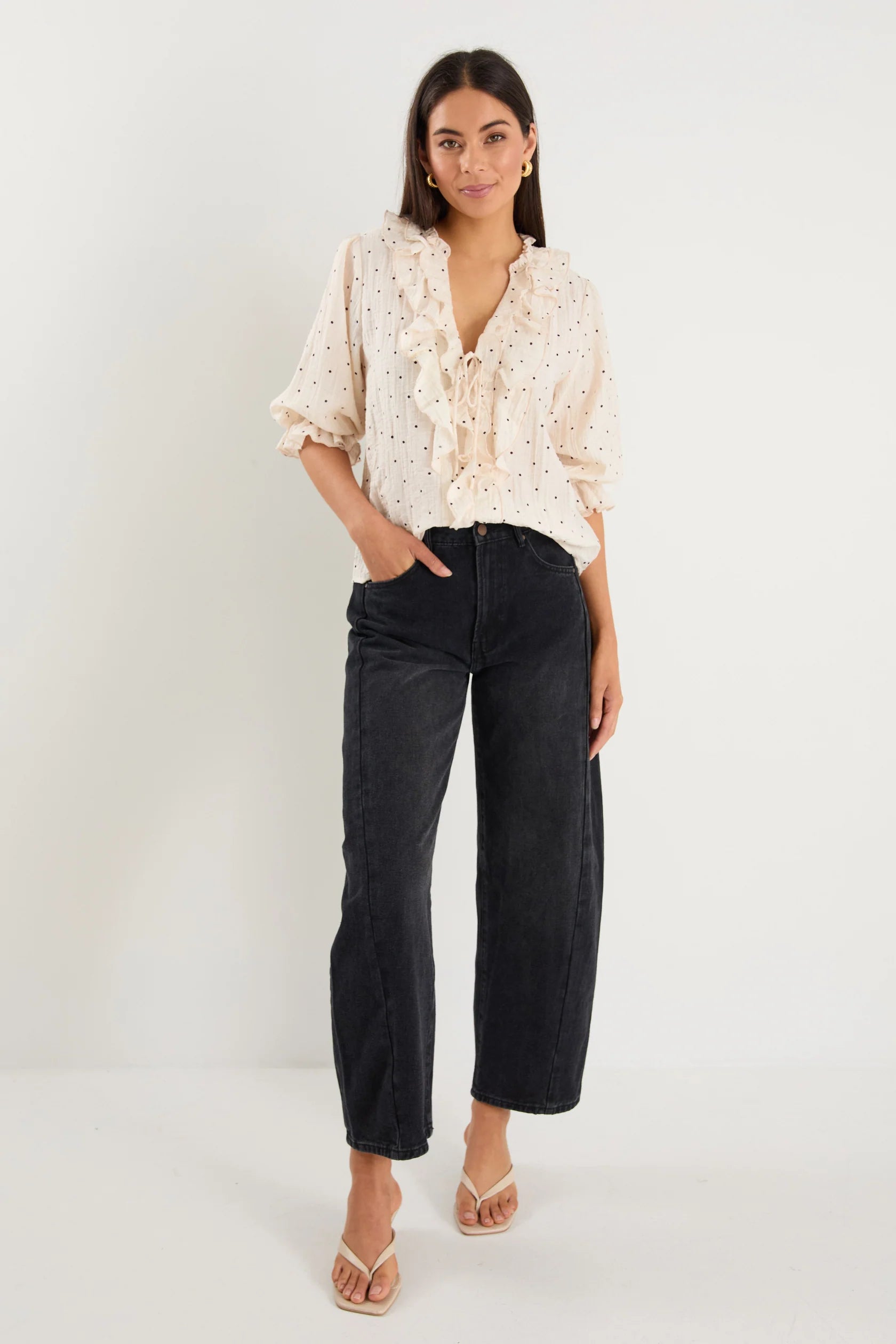 IVY + JACK GARNISH CREAM BLACK POLKA DOT FRONT MID SLEEVE TOP - THE VOGUE STORE