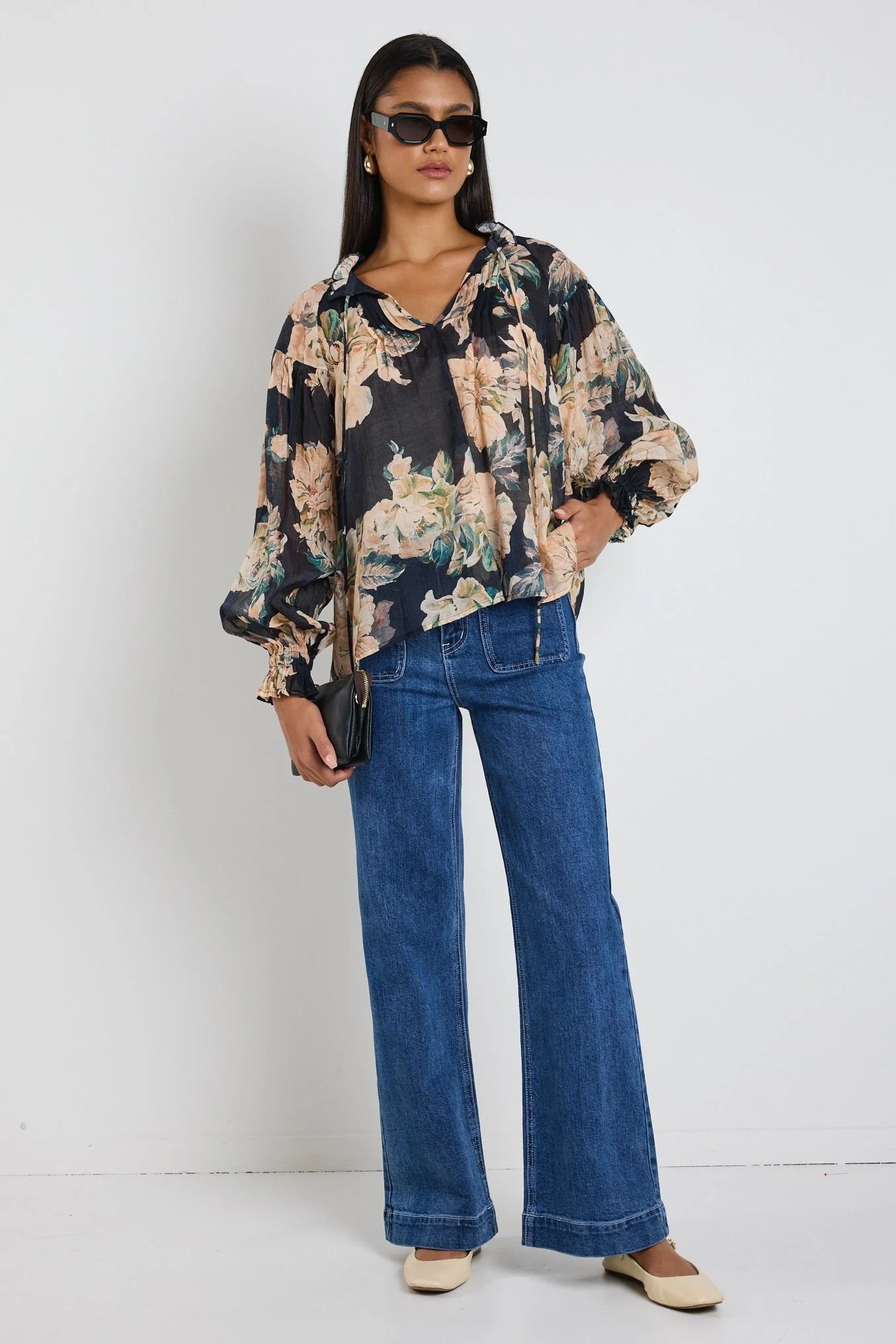 IVY + JACK REFINED NAVY PEACH FLORAL LS PINTUCK TOP - THE VOGUE STORE
