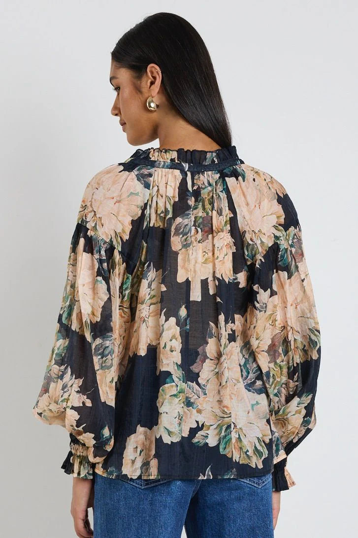 IVY + JACK REFINED NAVY PEACH FLORAL LS PINTUCK TOP - THE VOGUE STORE