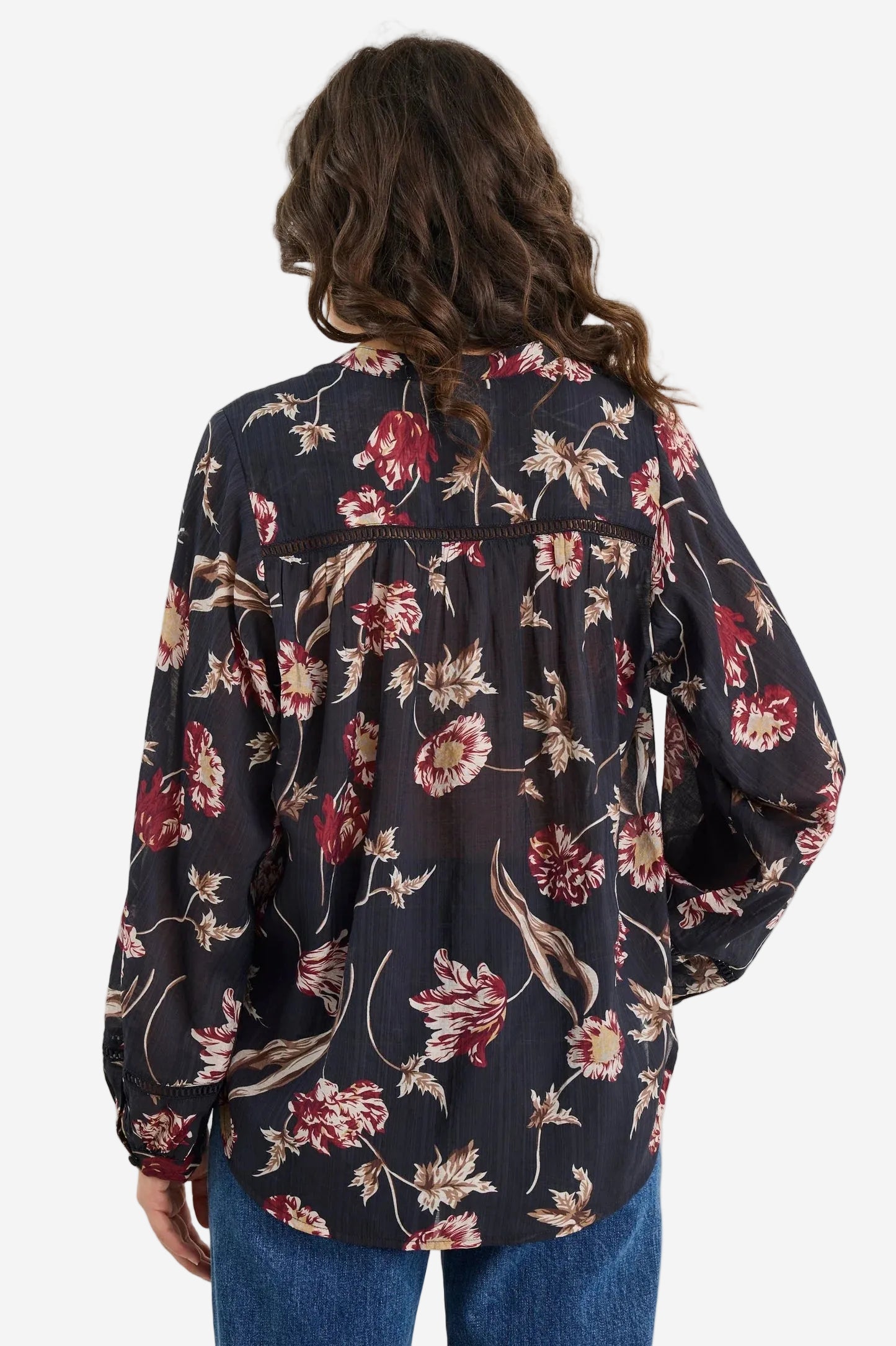 IVY + JACK INSTRUMENTAL BLACK WILDFLOWERS LACE INSERT PINTUCK LONG SLEEVE SHIRT - THE VOGUE STORE
