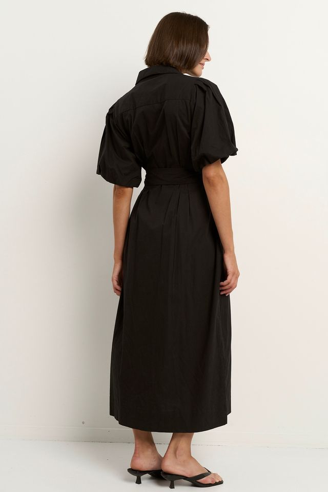 AMONG THE BRAVE DUSK PUFF SHORT SLEEVE COLLARED MAXI DRESS - BLACK - THE VOGUE STORE
